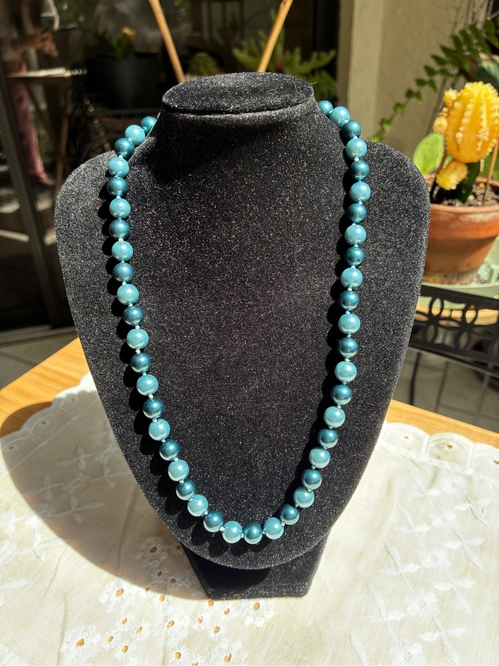 Metallic Teal Faux Pearl Strand Necklace | Two-Tone Blue Beaded